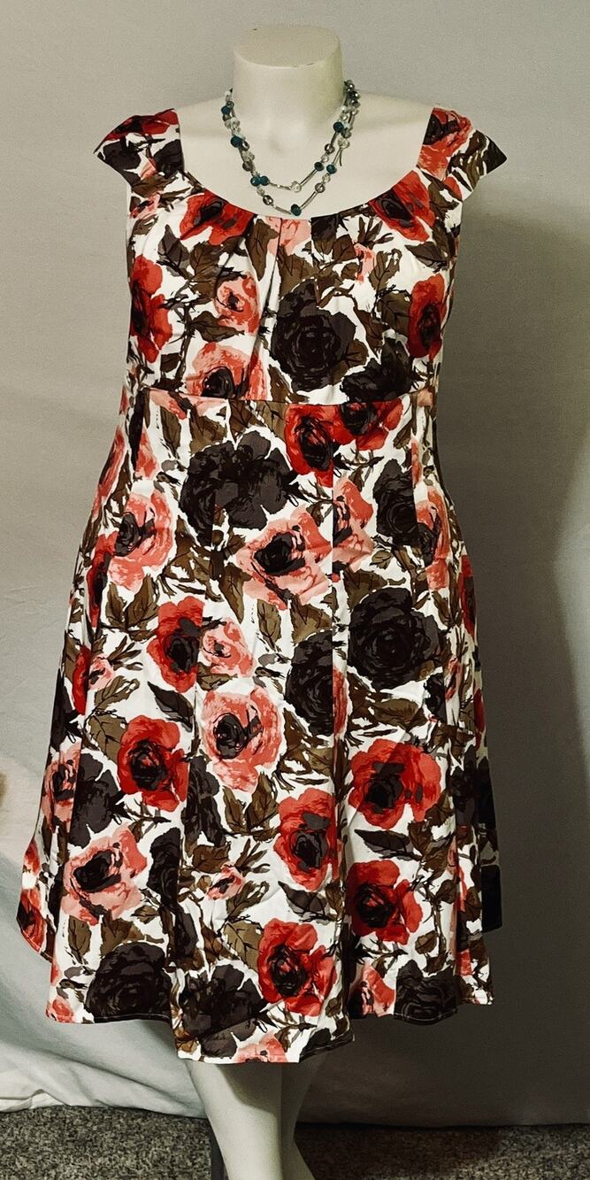 New Directions Woman 22W RedPink Brown Floral Cap Sleeve Pleated Fit Flare Dress